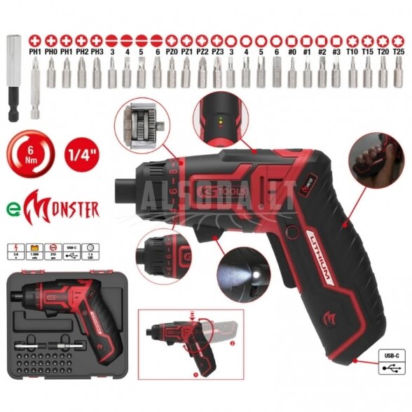 Akumuliatorinis suktuvas eMONSTER  su 1/4´´ antgalais 27 vnt, KS Tools 1