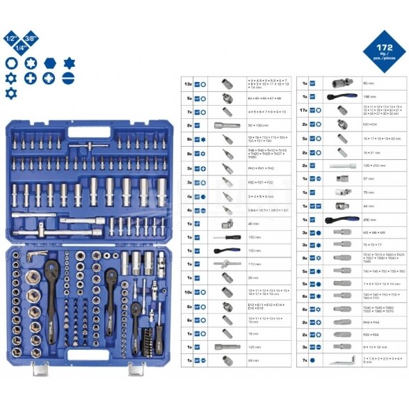 Galvučių komplektas, 172-vnt, 1/4", 3/8", 1/2", Brilliant Tools 1